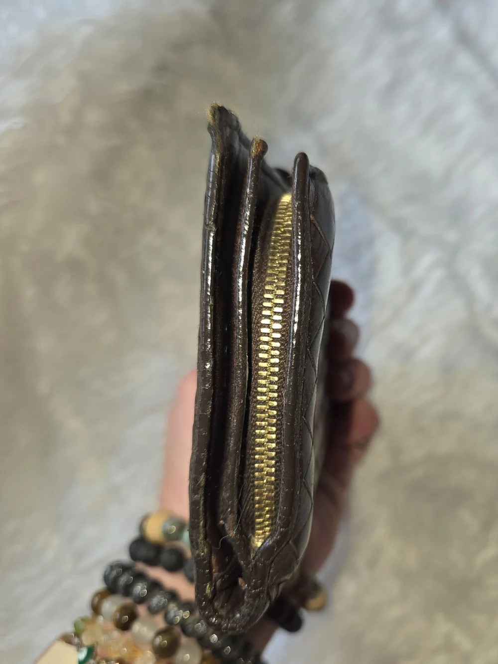 Bottega Veneta Dark Brown Intrecciato Woven Leather Zip Wallet Bifold Authentic